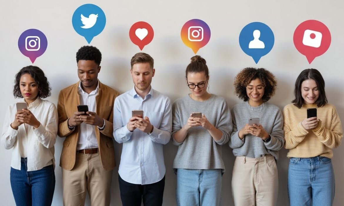 Icône stylisée d’une main tenant un smartphone avec un cœur et une étoile apparaissant à l’écran, style flat design moderne, fond lumineux et minimaliste